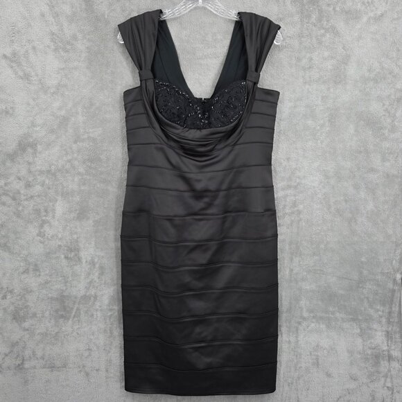 Tadashi Shoji Cocktail Sheath Dress 10 Black Beaded Lace Sweetheart Satin New - Picture 3 of 15